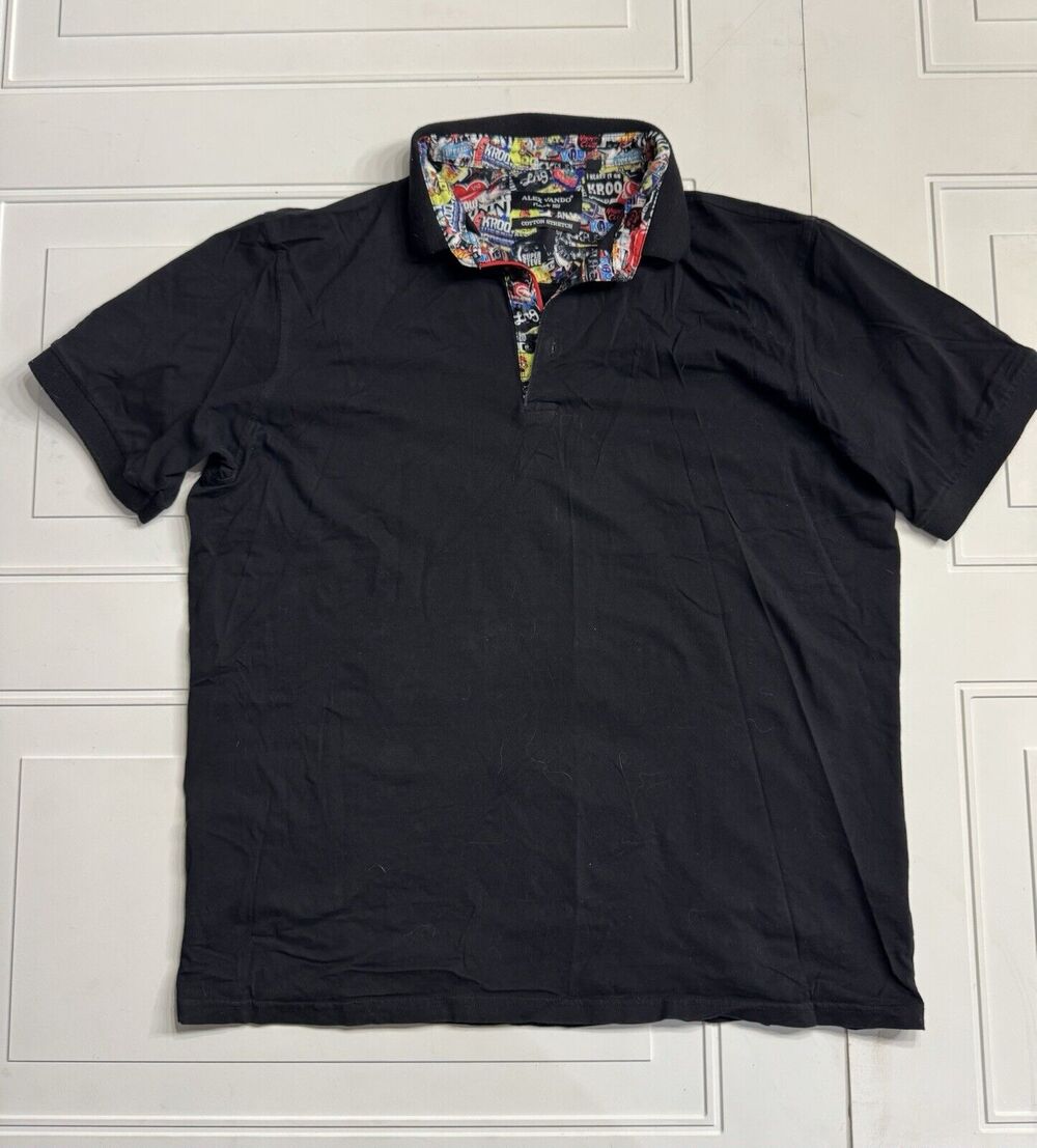 Alex Vando Mens Sz L Large Black Polo Graphic Collar Short Sleeve Shirt Street